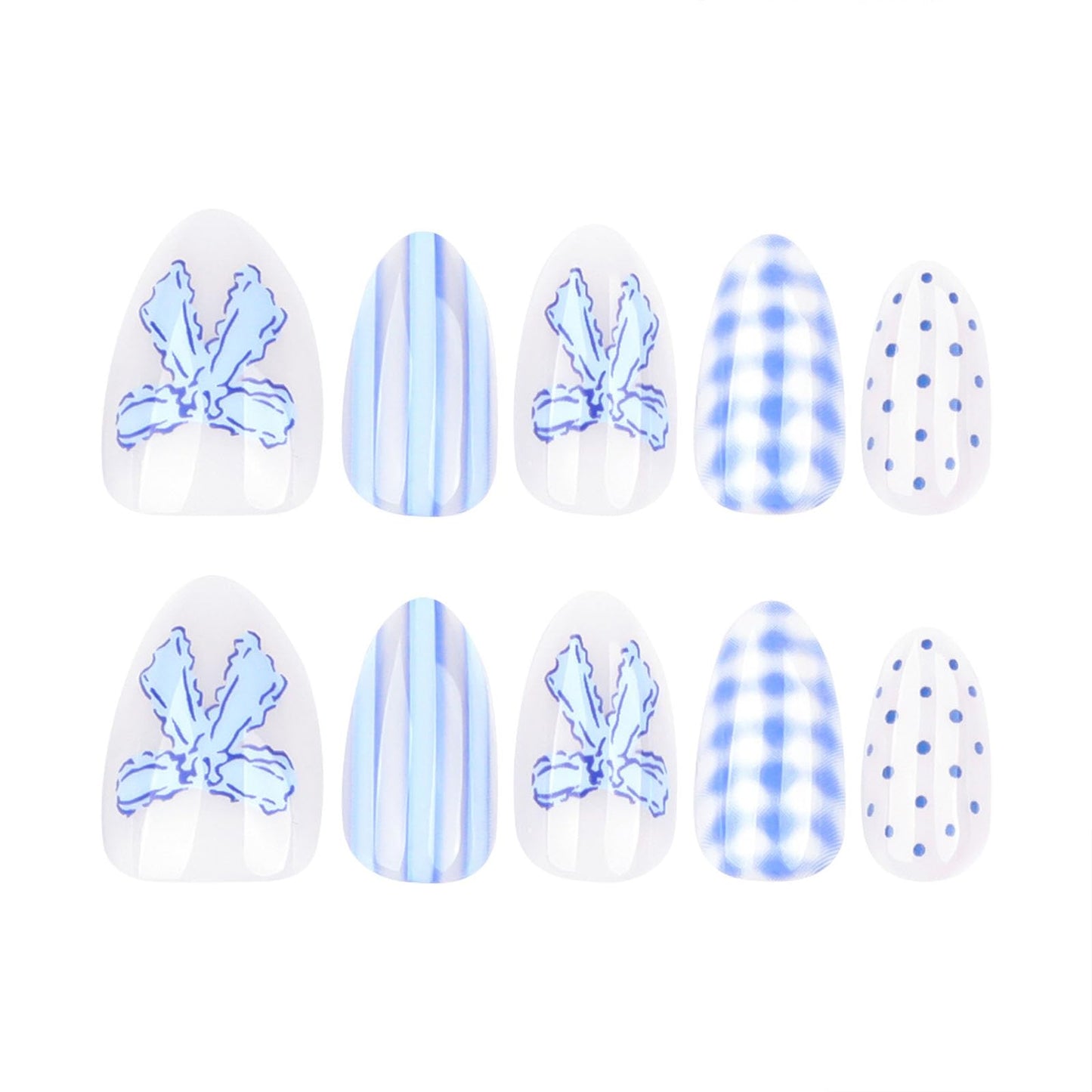 Almond Short Press on Nails Blue White Fake Nails with Polka Dot Checkered Bow Design Glossy Glue on Nail Full Cover Reusable False Nail for Women 24 Pcs