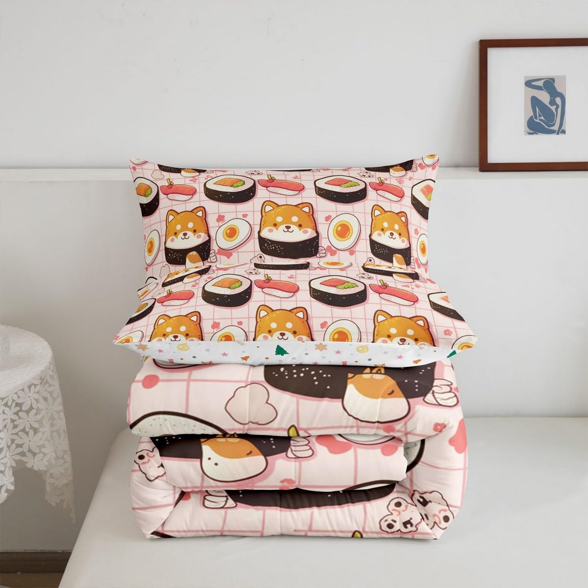 Erosebridal Kids Sushi Bedding Set Queen,Cute Shiba Inu Comforter Set Sushi Gifts for Kids Girls Boys,Kawaii Dog Puppy Quilt Bed Set Funny Food Bed Comforter Sets with 2 Pillowcases Room Decor