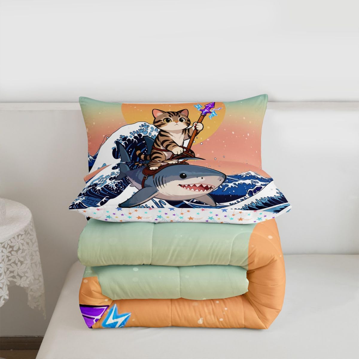 Erosebridal Kawaii Cute Cat Comforter Set Under Sea Shark Japanese Girl Toddler Bedding Set for Kids Teens Child Blue Ocean Waves Ukiyoe Comforter Gradient Sunset Sky Quilt
