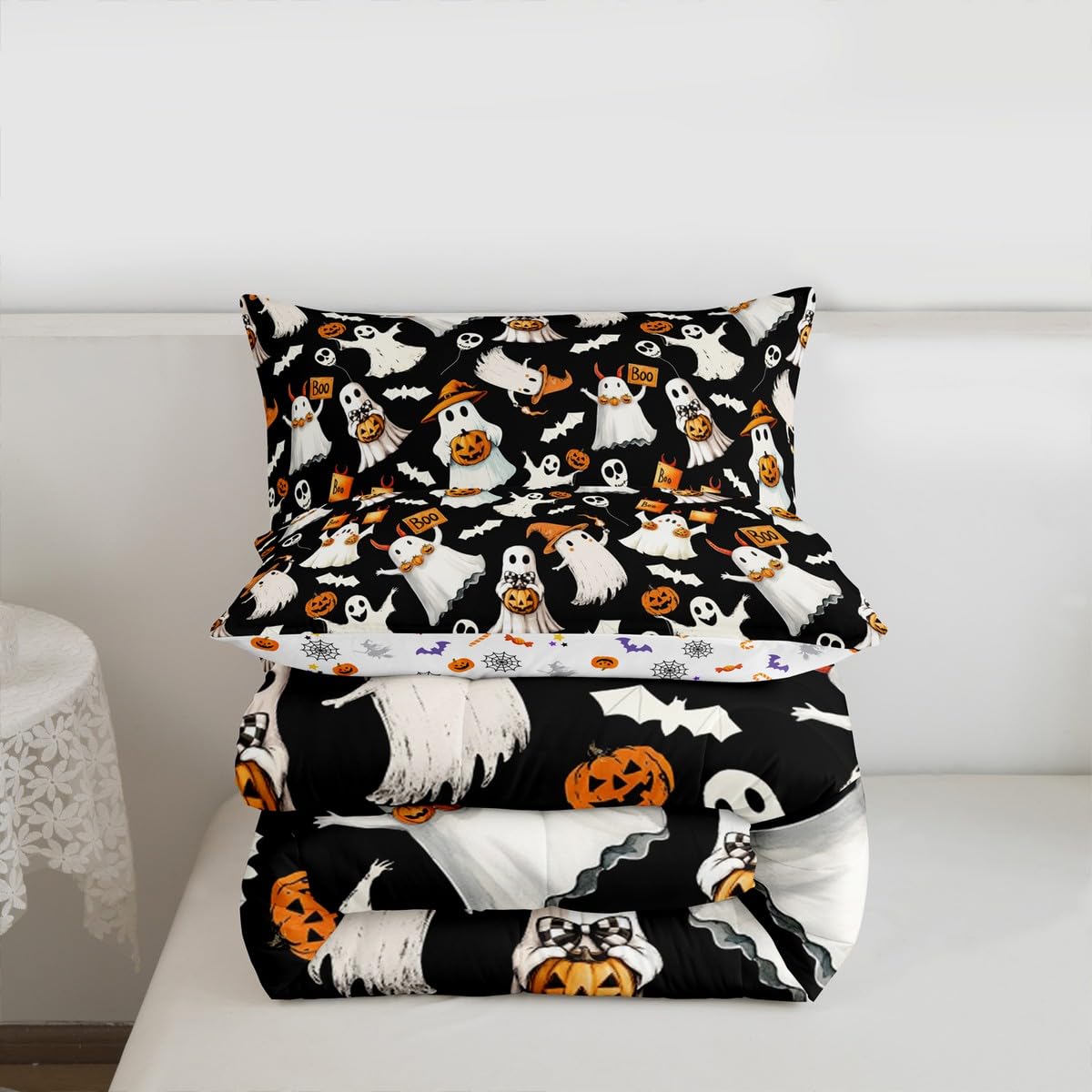 Homewish Happy Halloween Comforter Set Spooky Witch Hat Ghost Comforter Queen Size Gothic Pumpkin Bats Bedding Set for Kids Adult Bedroom Decor Fashion Black Quilt Duvet,3 Pcs with 2 Pillowcase