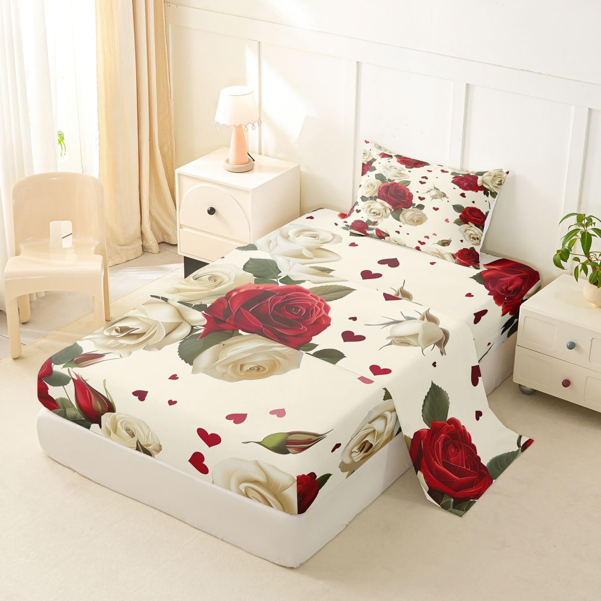 Erosebridal Red White Rose Bed Sheets Set Twin Farmhouse Floral Leaf Sheet Set Vintage Luxury Roses Sheets Romantic Flowers Flat Fitted Sheet