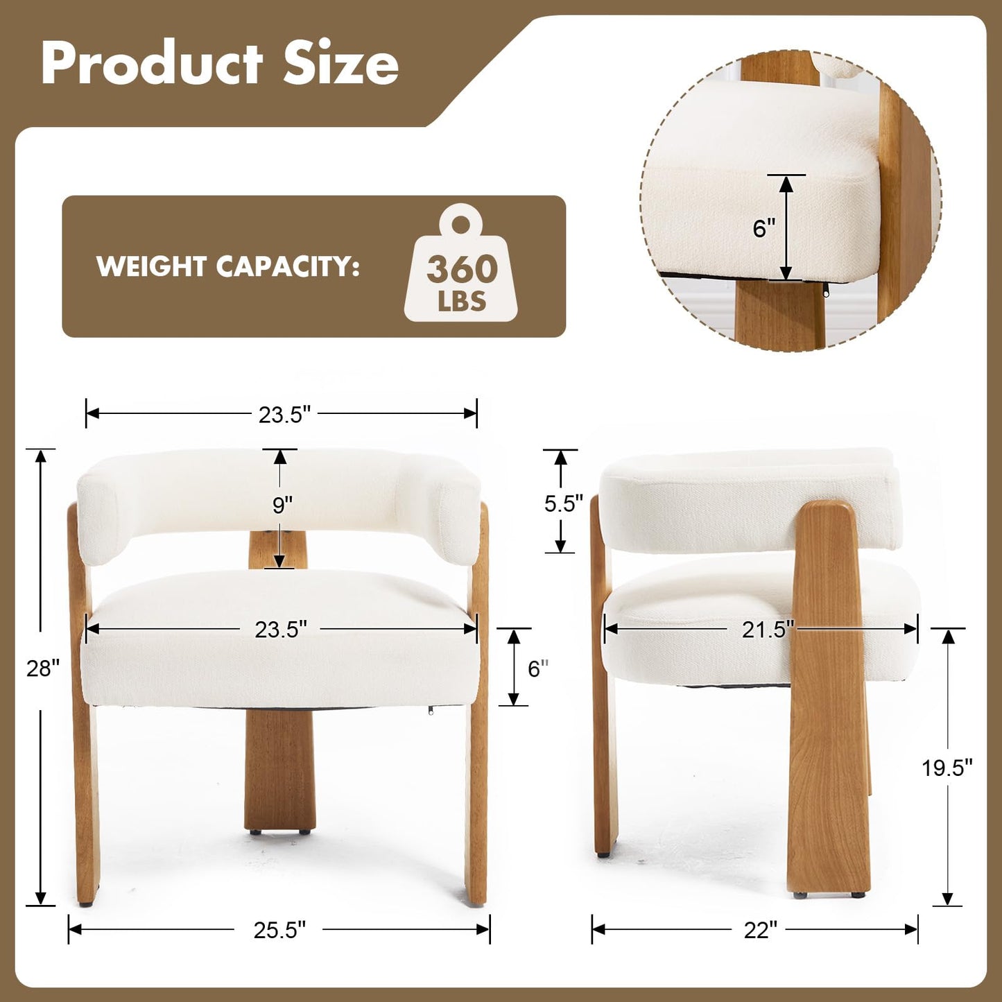 Hyfirm Set of 2 Modern Boho Barrel Dining Chairs with Wood Legs, White Upholstered Accent Armchairs with Thick Padded Cushion for Kitchen, Minimalist Natural Chic Chairs for Living Room