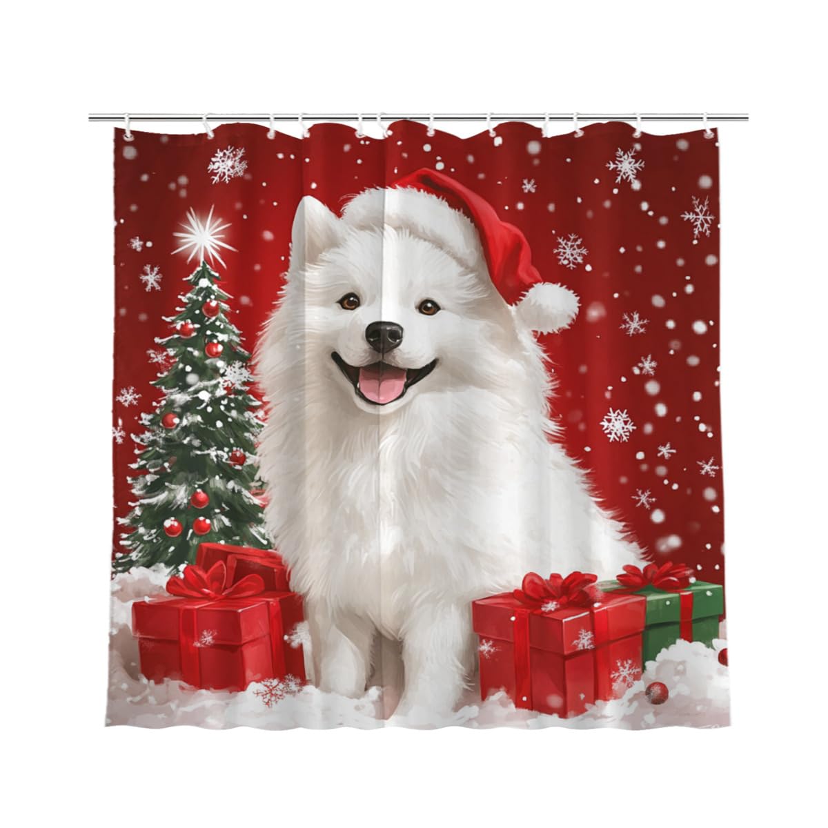 KEEPAEON Christmas Shower Curtain Samoyed Shower Curtains with 12 Hooks Waterproof Red Curtain for Bathroom,Bathtub Decor Shower Curtain Set 72x72 Inch