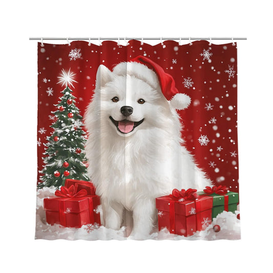KEEPAEON Christmas Shower Curtain Samoyed Shower Curtains with 12 Hooks Waterproof Red Curtain for Bathroom,Bathtub Decor Shower Curtain Set 72x72 Inch