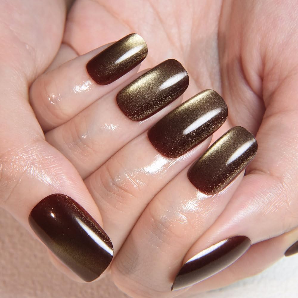 Brown Khaki Reflective Cat Eye Press on Nails Medium Square, Medium Square Press Stick on Nails Chrome for Women, Holographic Glitter Glossy Reusable Gel Acrylic Fake Nail with Designs Cateye Effect