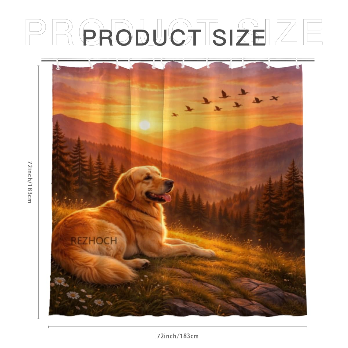 REZHOCH Funn Animal Shower Curtain 72x72Inch,Cute Golden Retriever Sunset Mountain,Nature Forest Warm Spring Sky Birds Bath Set,Waterproof Fabric Home Bathroom Farm Decor with Hooks