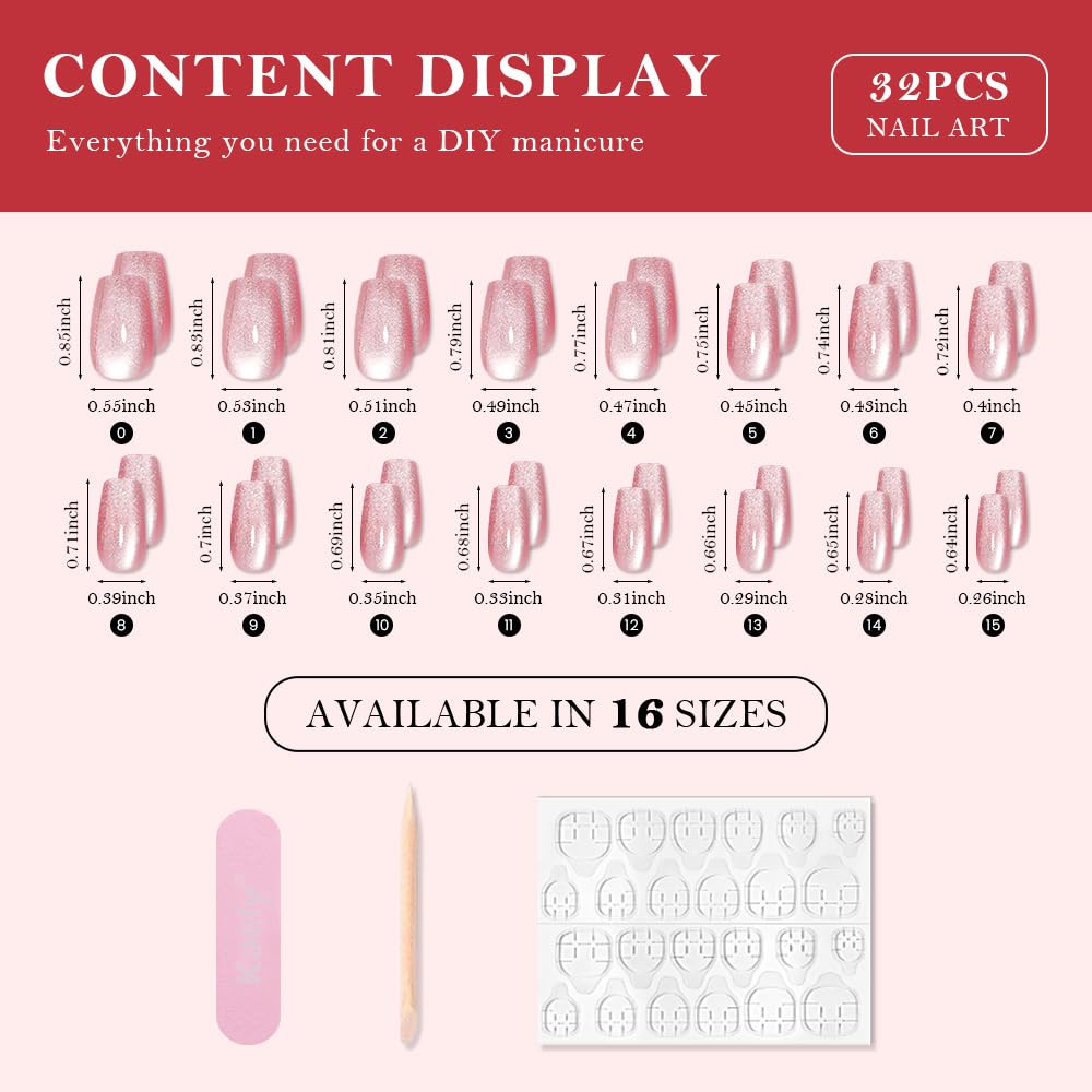 evpct Pink Cat Eye Press on Nails Square Medium Coffin No Glue, Medium Square Stick on Nails for Women, Plum Pink Metallic Glitter Glossy Reusable Spring Summer Press on Acrylic Fake Nail with Design