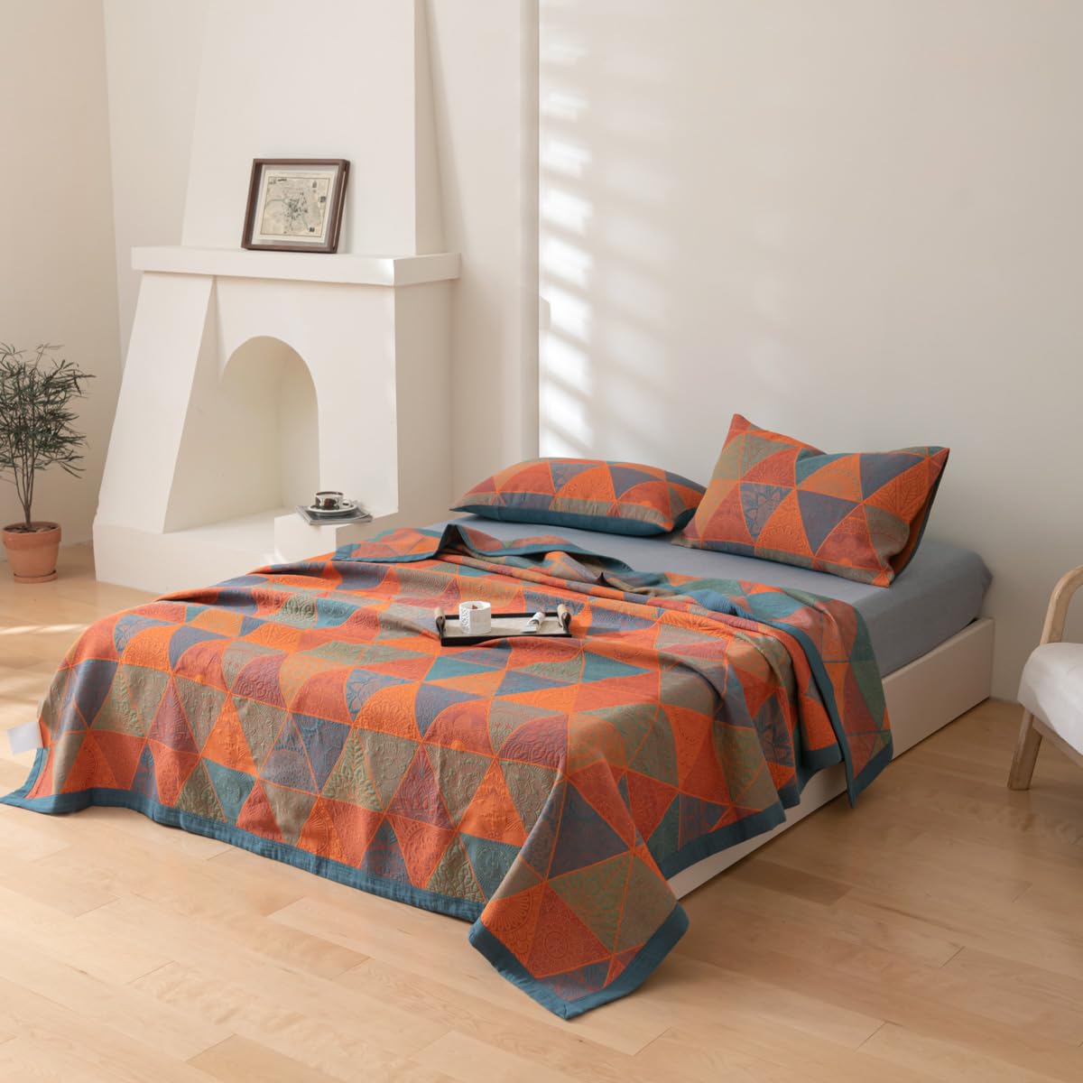 Purefair 100% Cotton Muslin Blanket Jacquard Bohomian Mandala Triangle Print Quilt, Soft Bed Cover Reversible Bedspread Coverlet Breathable Lightweight Bedding Full/Queen(78"x94"), No Pillow Sham