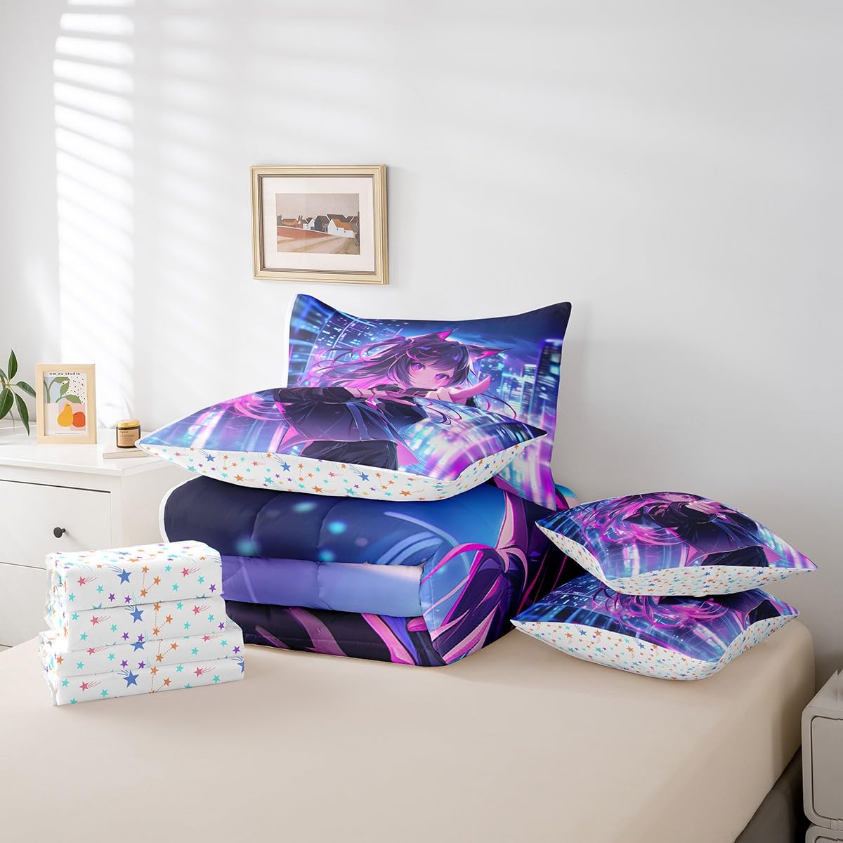 Erosebridal Kids Anime Girl 7 Piece Comforter Set Twin Bed in A Bag, Japanese Anime Bedding Sets, Cartoon Girl Sheet Set with Comforter for Boys Teens Adult, Kawaii Japanese Animation Bed Sets