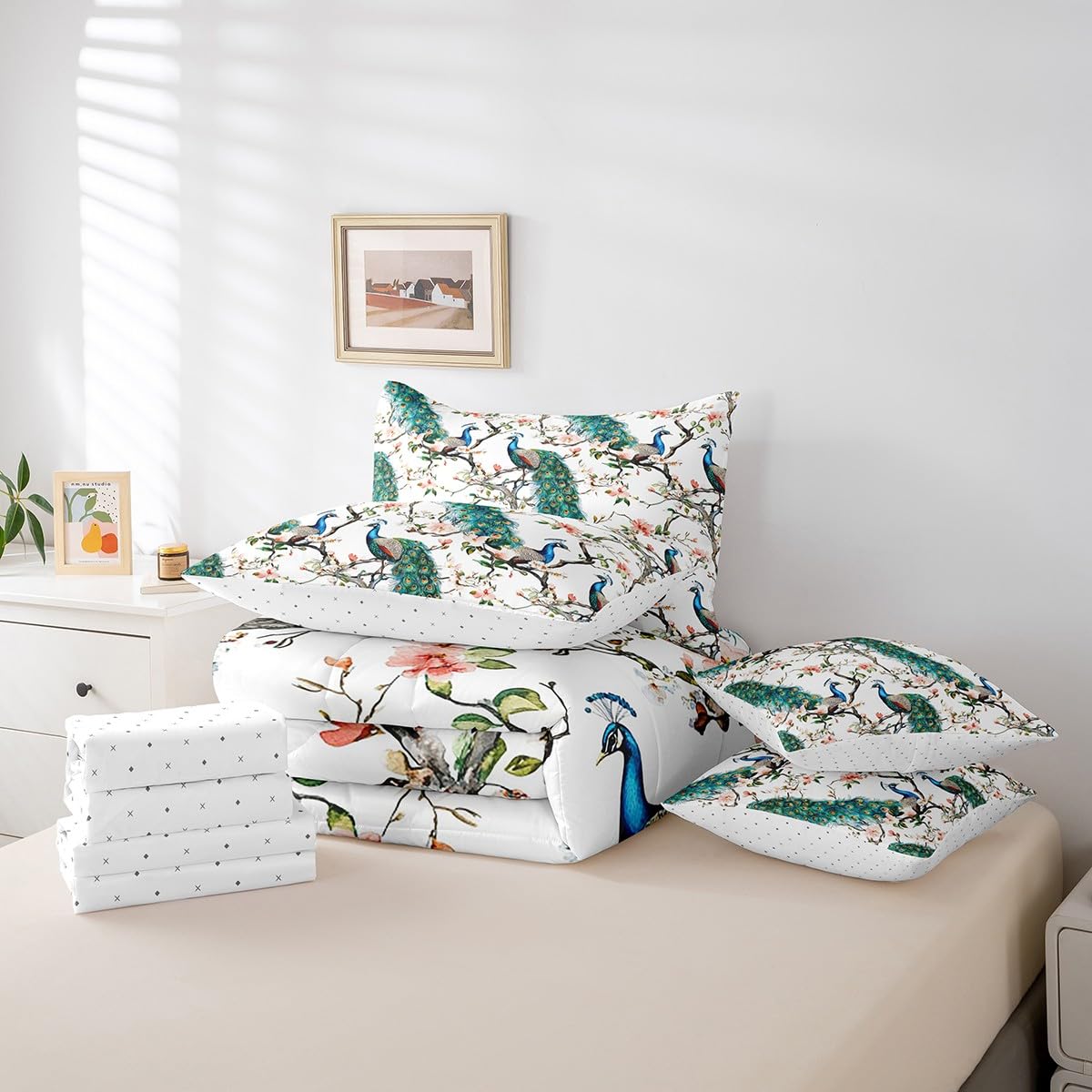 jejeloiu Peacock Comforter Set 7 Pieces Full Size Kids Cherry Flower Bed in a Bag for Boys Girls Royal Peacock Bird Bedding Set Green,Comforter + Sheets + Pillowcases + Cushion Covers