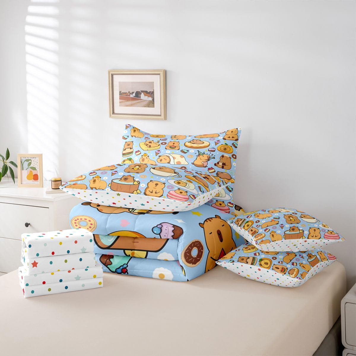 Cartoon Capybara 7 Pieces Bedding Set Twin Size,Kawaii Animals Bed in a Bag,Capybara Lovers Bed Set Includes Comforter,Sheet Set,Pillowcases & Pillow Covers,Yummy Foods Love Hearts Bedroom Decor