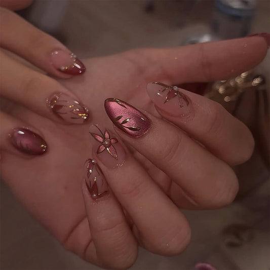 Short Press on Nails Almond Flower Red Cat Eye Acrylic Fake Nails with 3D Pearls Gold Leaf Floral Design Full Cover Reusable French Tip Glue on False Nail for Women 24 Pcs