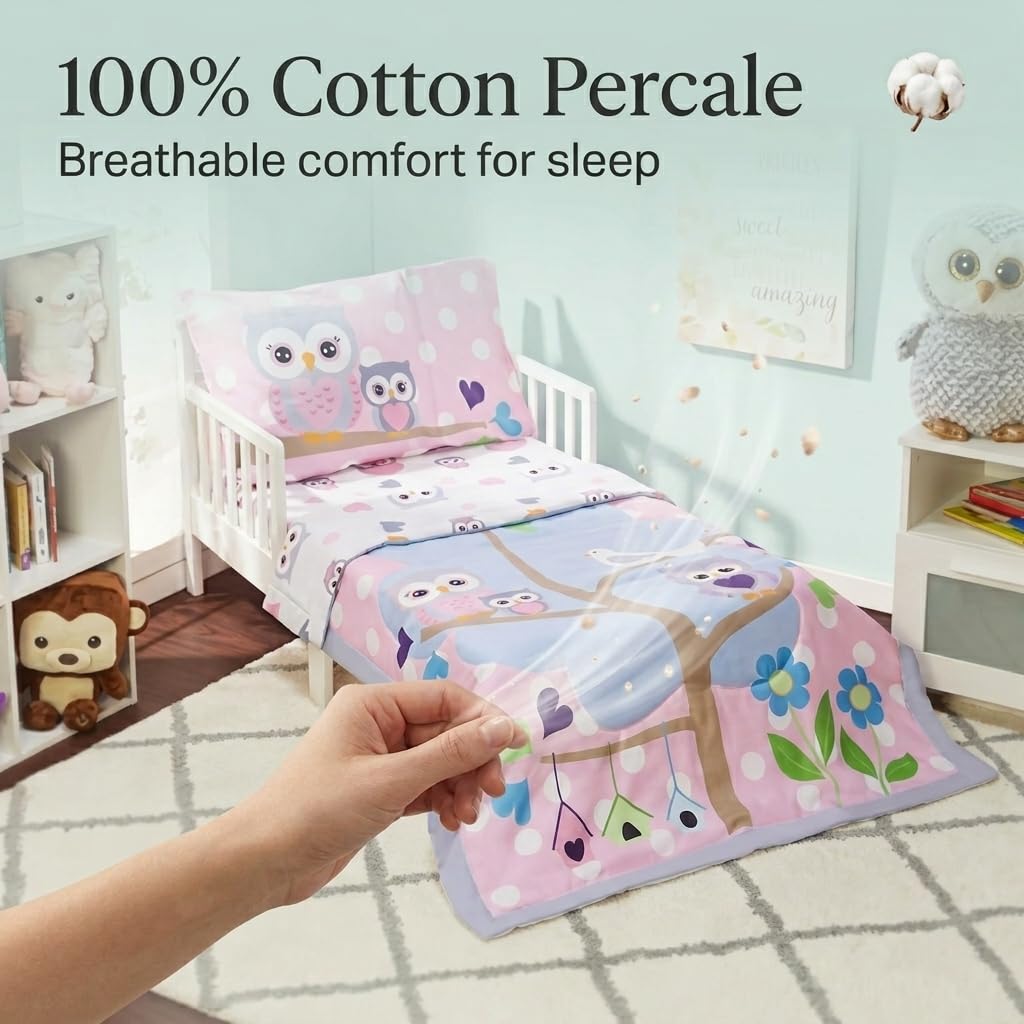 EVERYDAY KIDS 4 Piece Toddler Bedding Set - Owls - Soft 100% Cotton Percale - Includes Comforter, Flat Sheet, Fitted Sheet and Reversible Pillowcase
