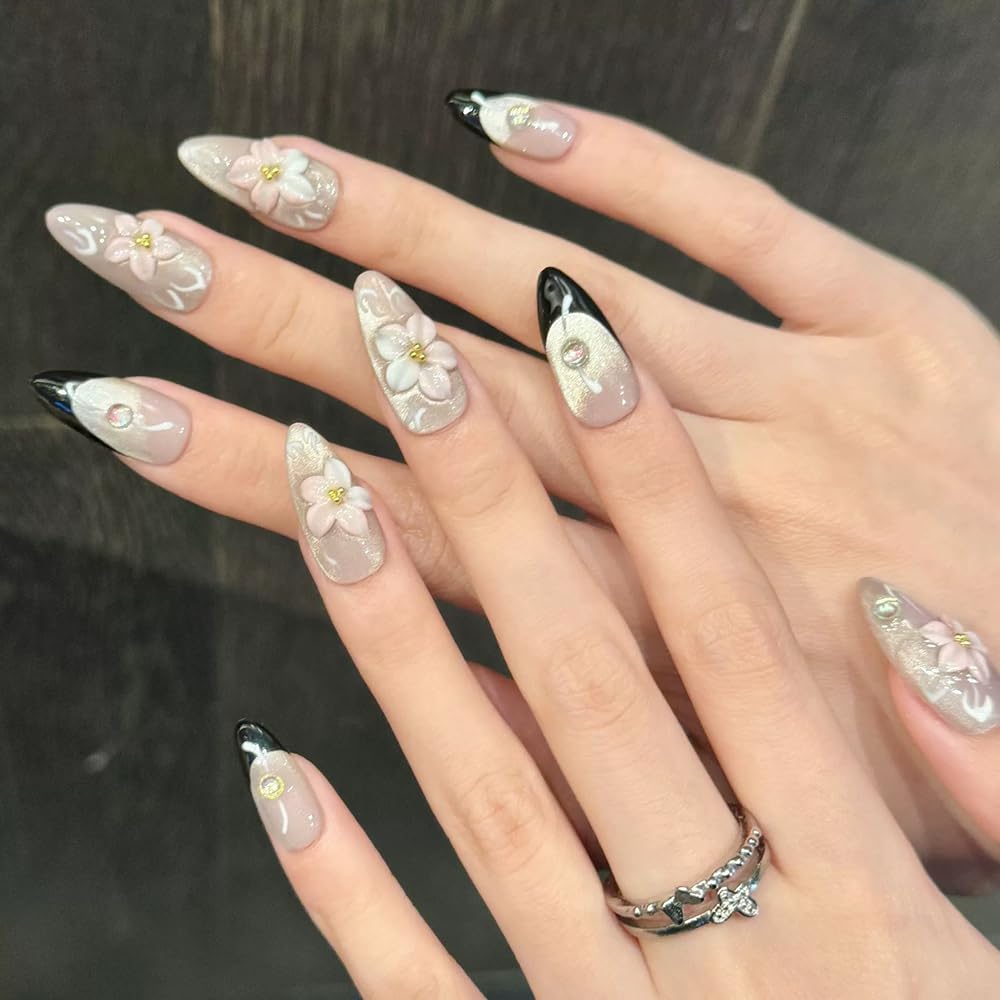 Handmade Press on Nails Almond French Tip Fake Nails with 3D Flower Designs False Nails Pink Glitter Acrylic Nails for Women 10pcs (Size M）