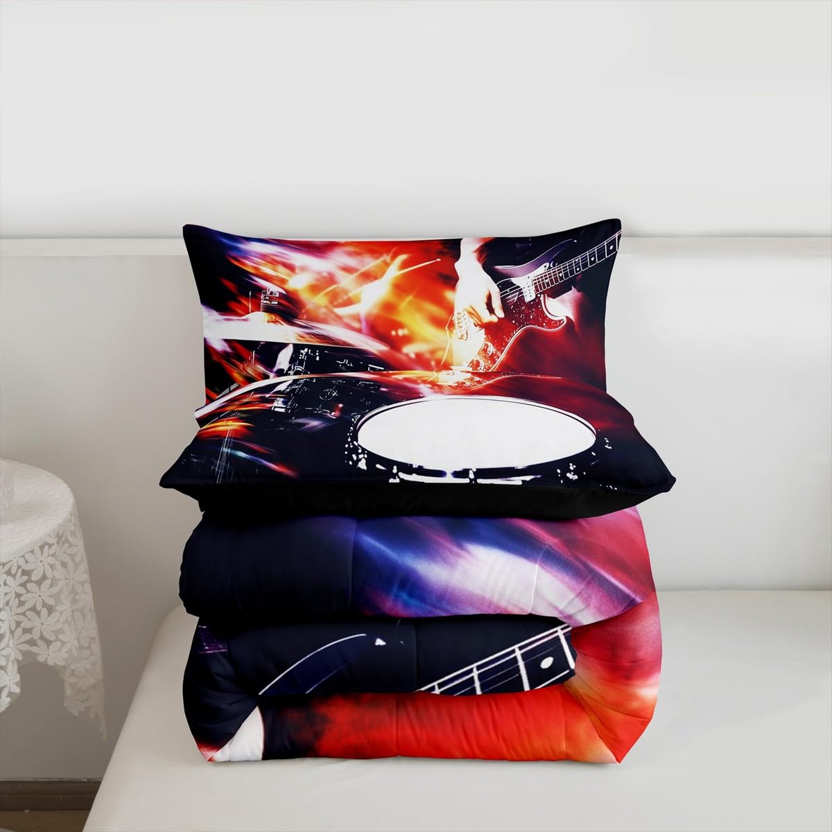 Erosebridal Guitar Drum Kit Comforter Set Queen Rock Musical Instruments Bedding Set Music Theme Comforter for Kids Boys Girls,Rock Music Lovers Quilt Duvet