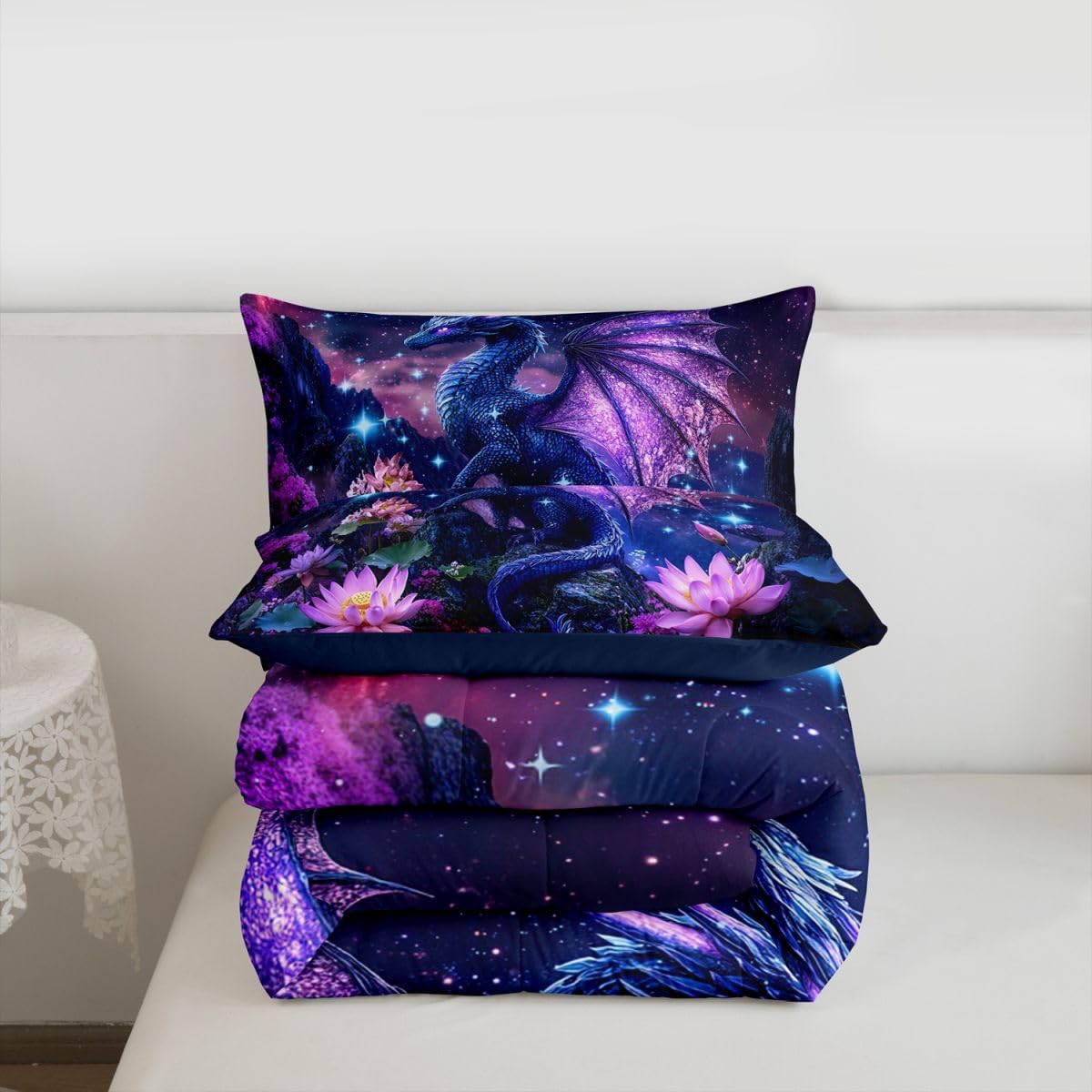 Feelyou Dragon Comforter Set Twin Size Dragon Stuff Bedding Set for Kids Boys Girls Wild Life Duvet Quilt Magic Wildlife Bedroom Decor Dull Purple Microfiber 2 Pcs with 1 Pillow Cases