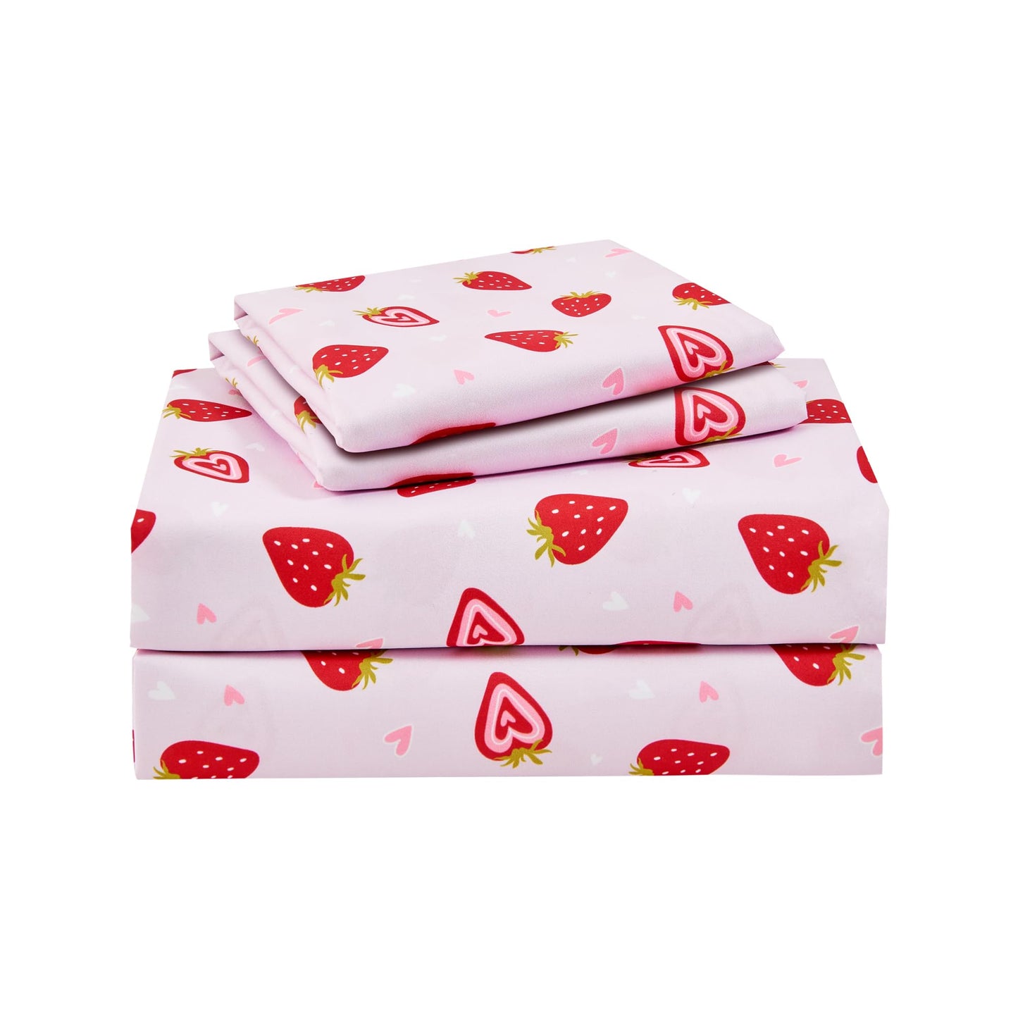 lasoftan Pink Strawberry Printed Kids Sheet Set Twin Size, 3 Pcs Breathable & Silky Soft Microfiber Kids Fitted Sheet, Bed Sheets with 15" Deep Pocket for Boys and Girls