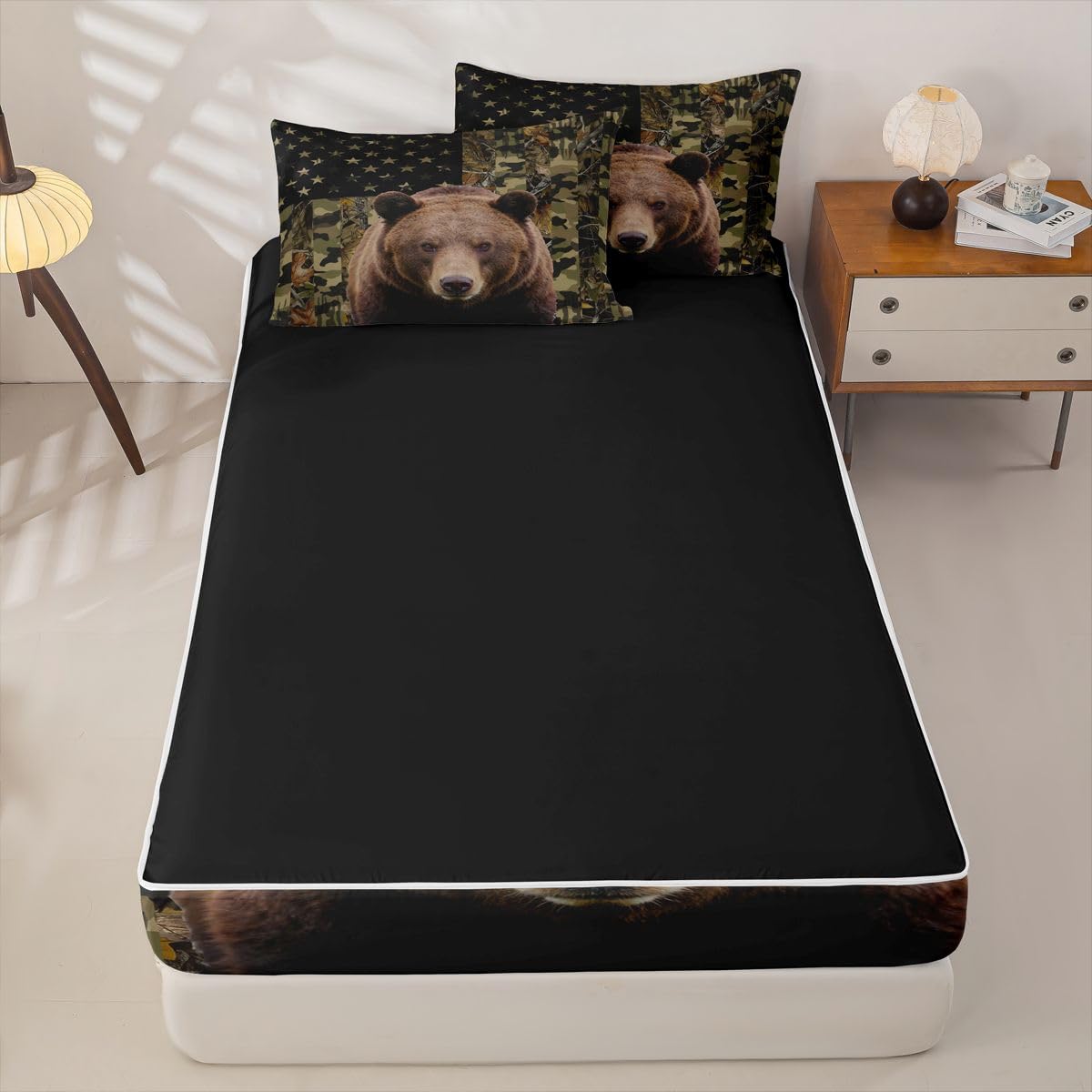 jejeloiu Bear Hunting Camo Zipper Bedding Sets for Kids Boys Girls Rustic Western Bear Twin Comforter Set with Fitted Sheet Green Camouflage Bedroom Decor Microfiber with 2 Pillow Cases