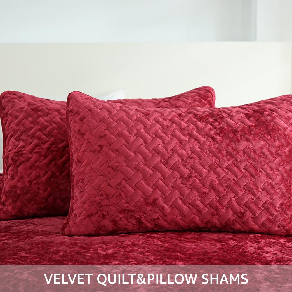 Liians Velvet Bedspread Quilt Bedding Sets,Luxury Elegant Ultra Soft Velvet Comforters Coverlet Blankets,Weave Stitching Pattern Cotton Quilted Bedspread for All Seasons,Red,King Size