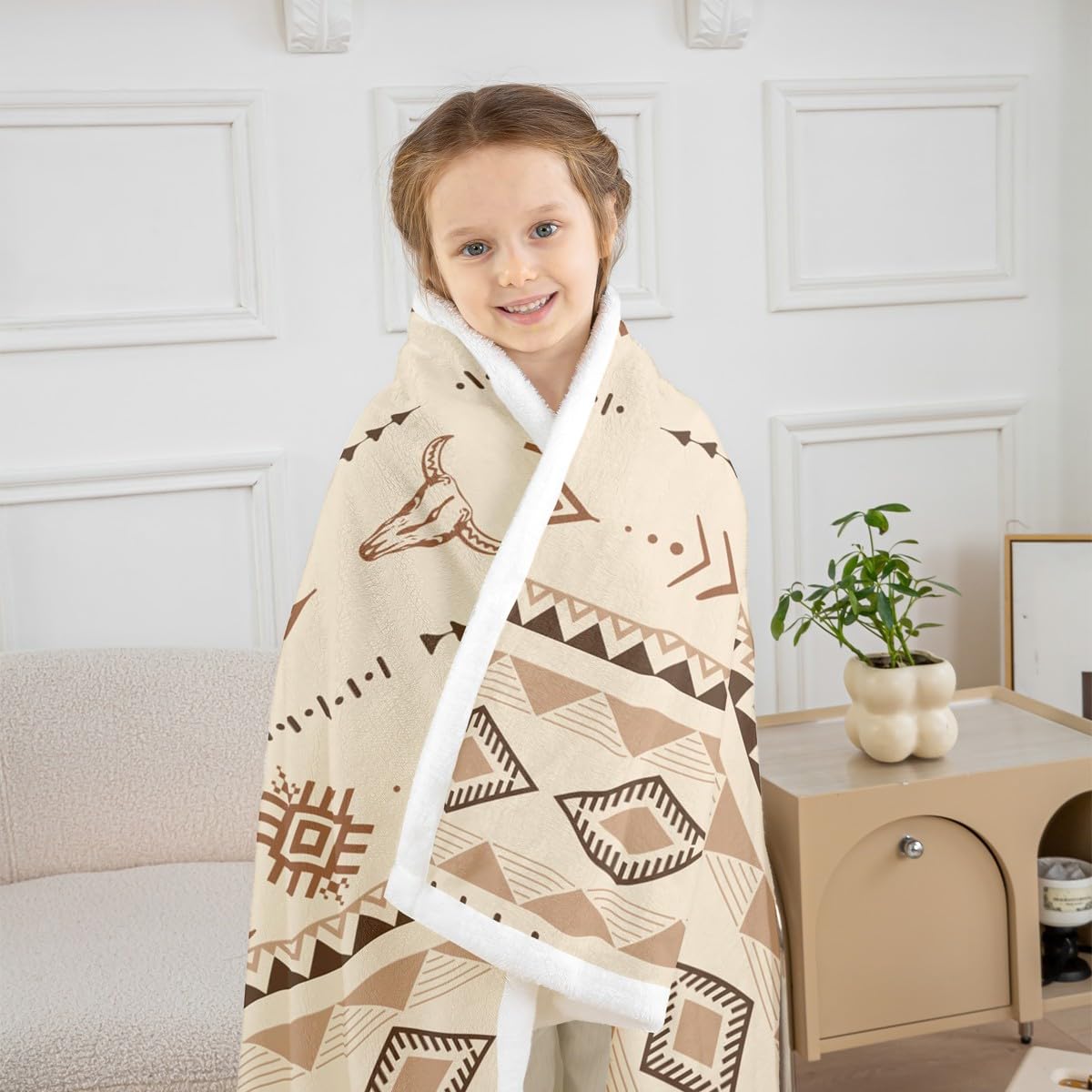 Erosebridal Bohemian Aztec Fleece Blanket Twin Size, Western Bull Skull Sherpa Blanket, Geometric Farmhouse Fuzzy Plush Throw, Southwestern Native Decor for Sofa Couch