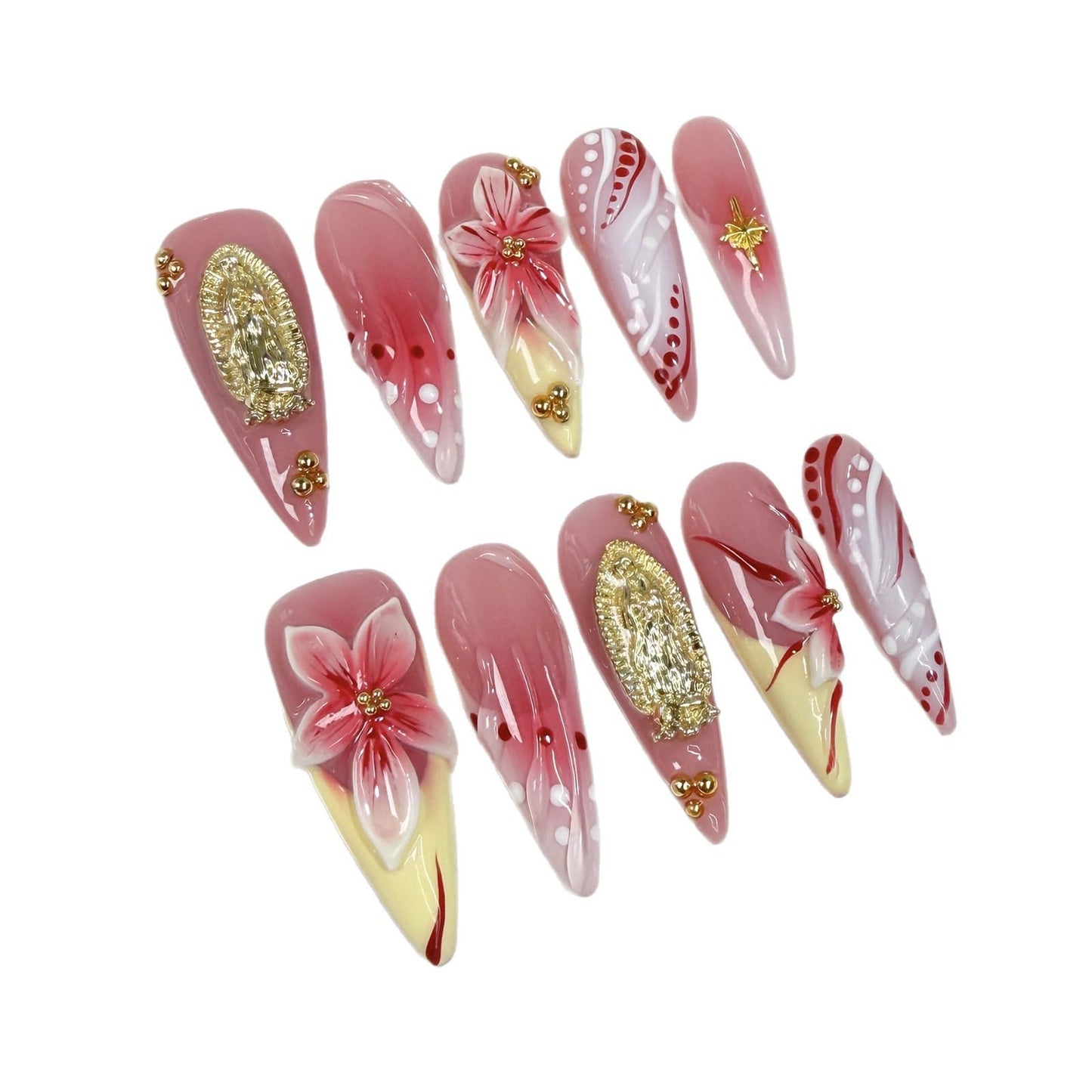 Handmade Press On Nails Almond Pink Homemade Press On Nails French Tip With 3D Design Summer Flower Fake Nail Art For Women M