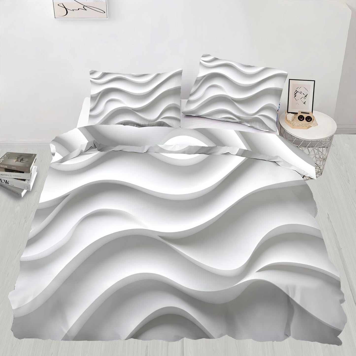 PAISUOQ 3D Stripes Duvet Cover Queen, White Waves Bedding Sets, Modern & Simple Comforter Cover with 2 Pillowcases, 3 Pieces with Zipper & Ties, Dorm Decor & Gifts
