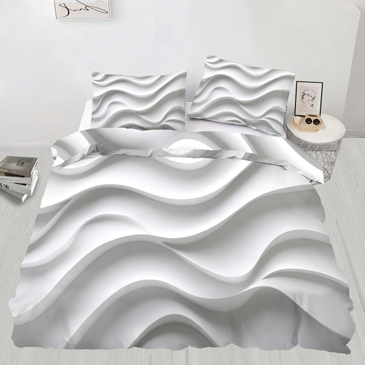 PAISUOQ 3D Stripes Duvet Cover Queen, White Waves Bedding Sets, Modern & Simple Comforter Cover with 2 Pillowcases, 3 Pieces with Zipper & Ties, Dorm Decor & Gifts