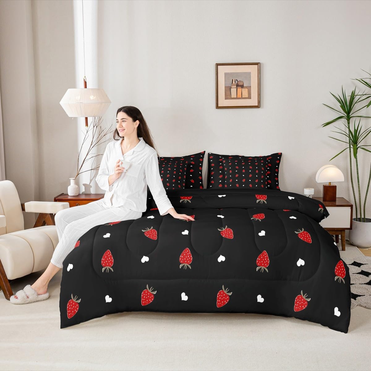 Erosebridal Kawaii Strawberry Full Size Comforter Set, Cute Fruits Theme Sweet 7-Piece Bed in A Bag, Red Black Sheets and Pillowcases, Heart Pattern Bedding Set Room Decor