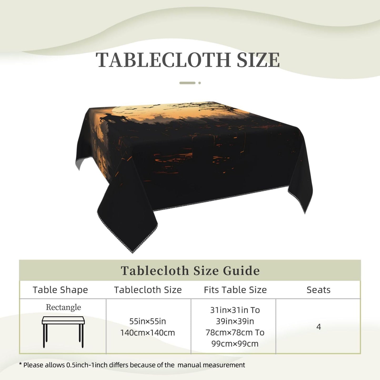 Entemne Square Table Cloth 55x55 Inch Halloween Moon Night Bats Tree Tablecloth Washable Soft Wrinkle Free Dust Proof Card Table Cover for Tea Party Picnic Kitchen Dining Decor