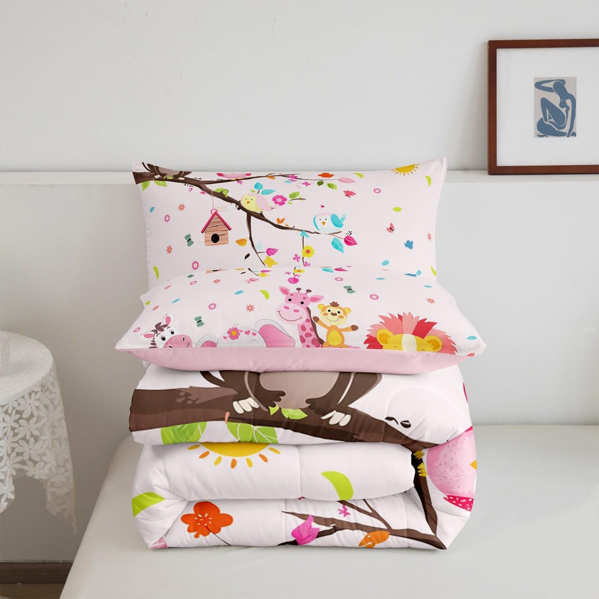 Erosebridal Pink Woodland Animal Comforter Set Twin Size Jungle Animals Bedding Set for Kids Girls BoysKawaii Lion Giraffe Comforter Cartoon Farm Wildlife Elephant Zebra Quilt Bedroom Decor