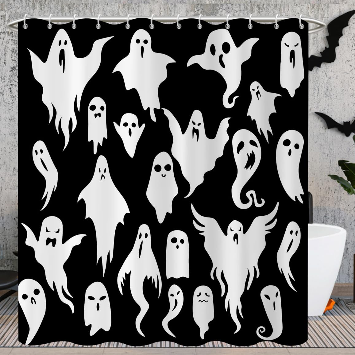 Caheansi Halloween Shower Curtain, Black and White Spooky Ghosts Icons Funny Cute Halloween Bathroom Curtain Waterproof Fabric Machine Washable with Hooks, 72" Wx72 L