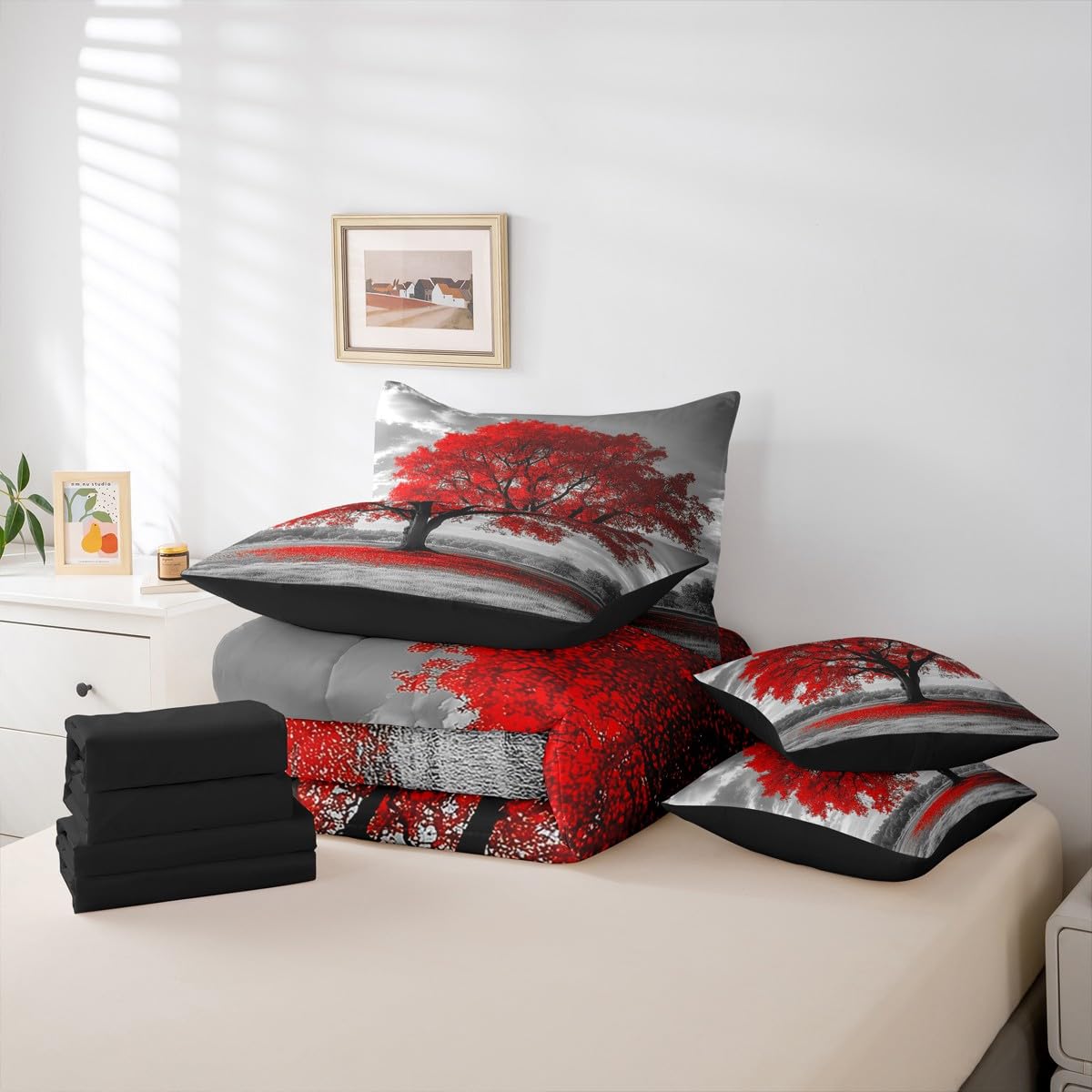Erosebridal Tree of Life King Comforter Set, Maple Tree 7-Piece Bed in A Bag, Gothic Nature Branch Sheets and Pillowcases, Kids Adult Bed Sets