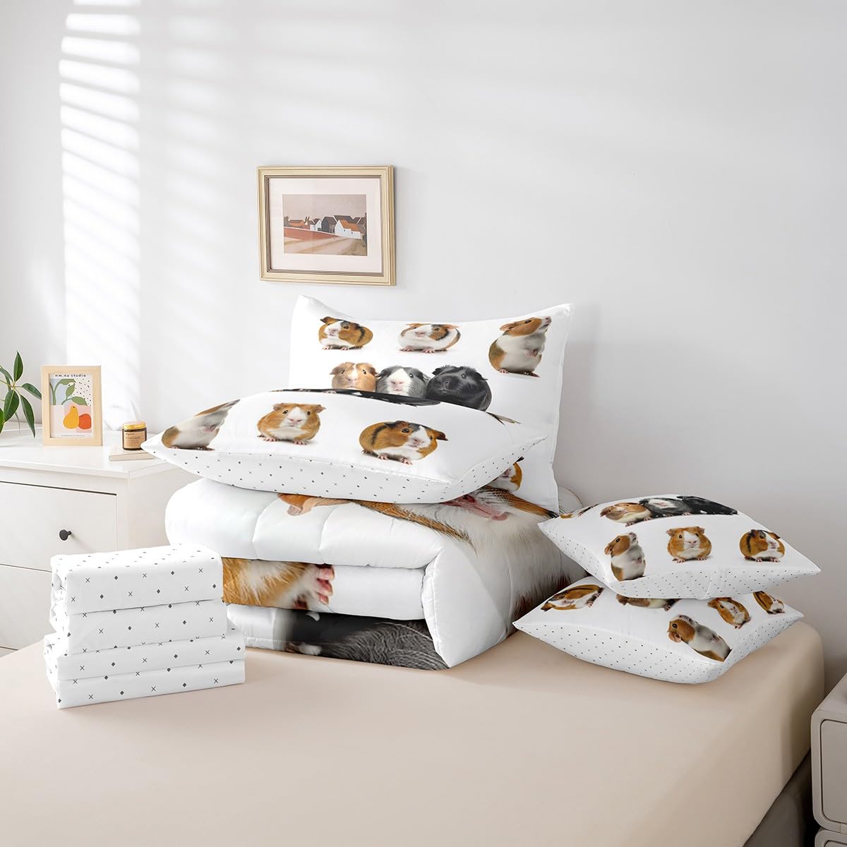 Erosebridal Guinea Pig Full Size Bed Sheets and Comforter Set,Cute Cavy 7 Piece Bedding Set Lovely Wild Animals Bed in a Bag,Kawaii Pet Mouse Wildlife Bed Sets