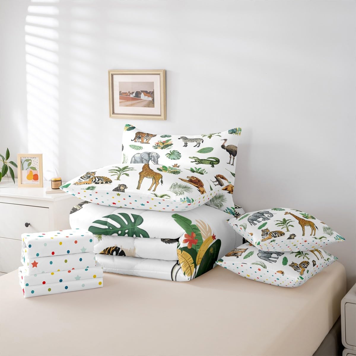 Erosebridal Wild Animal Kids Bed in A Bag Twin 7 Piece Cartoon Elephant Giraffe Comforter Set Safari Animals Bedding Sets for Kids Crocodile Tiger Zebra Palm Tree Tropical Sheet Set with Comforter