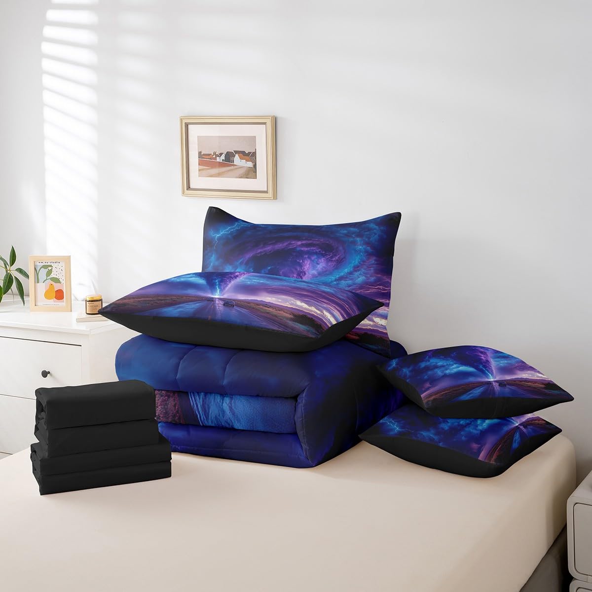 Erosebridal Nature 7 Pcs Comforter Set Queen Size,Ombre Lightning Tornado Bed in a Bag with Flat Fitted Sheet for Kids Teens Adult,Dreamy Purple Blue Bedding Set with Pillowcase and Sham Reversible