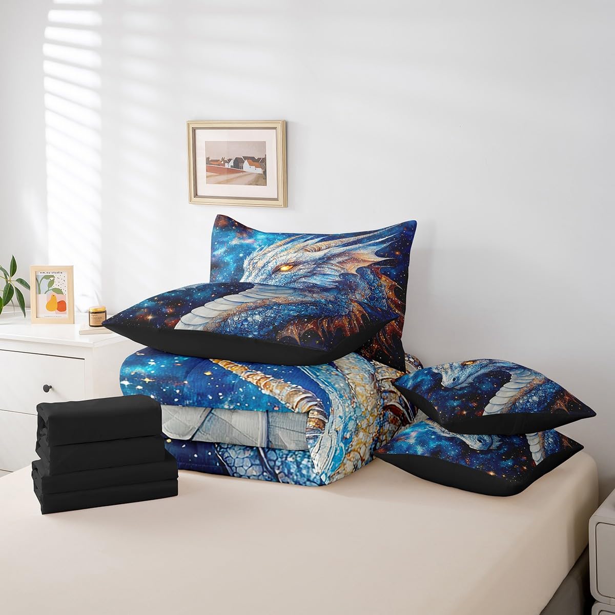 Feelyou Dragon Comforter Set with Sheets Twin Size Dragon Stuff Bed in a Bag for Boys Girls Teens Wild Life 7 Pieces Bedding Set Dragon Decor Bed Set Room Decor Blue
