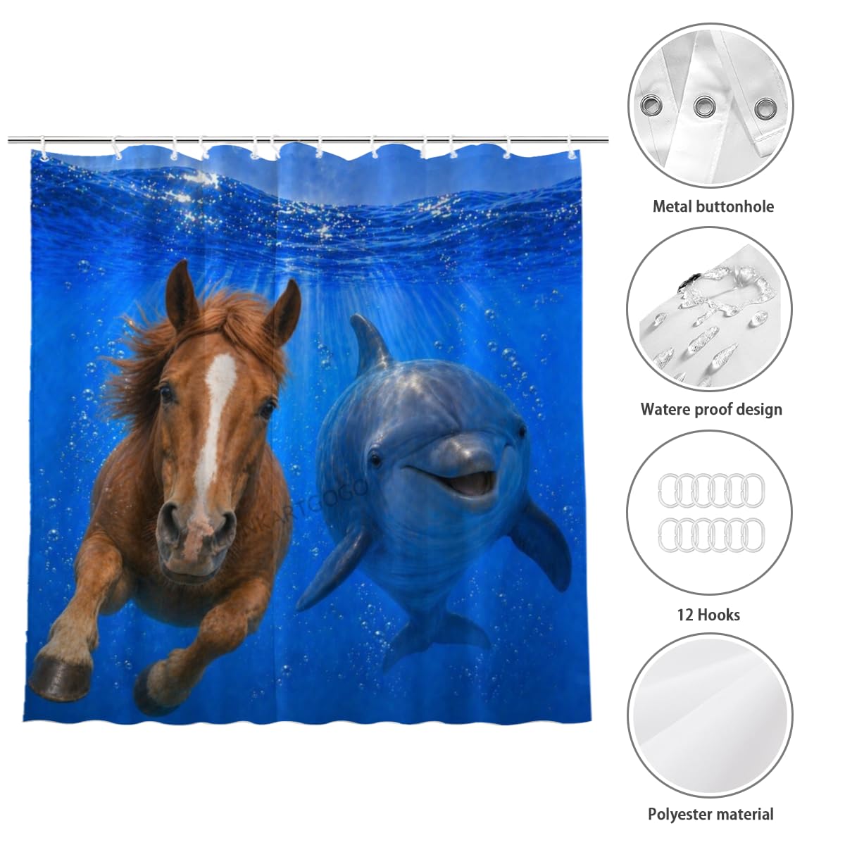 LFINKARTGOGO Ocean Horse Shower Curtain 72x72 with 12 Hooks Underwater Animal Dolphin Waterproof Washable Polyester Bath Curtain for Home Hotel Decor
