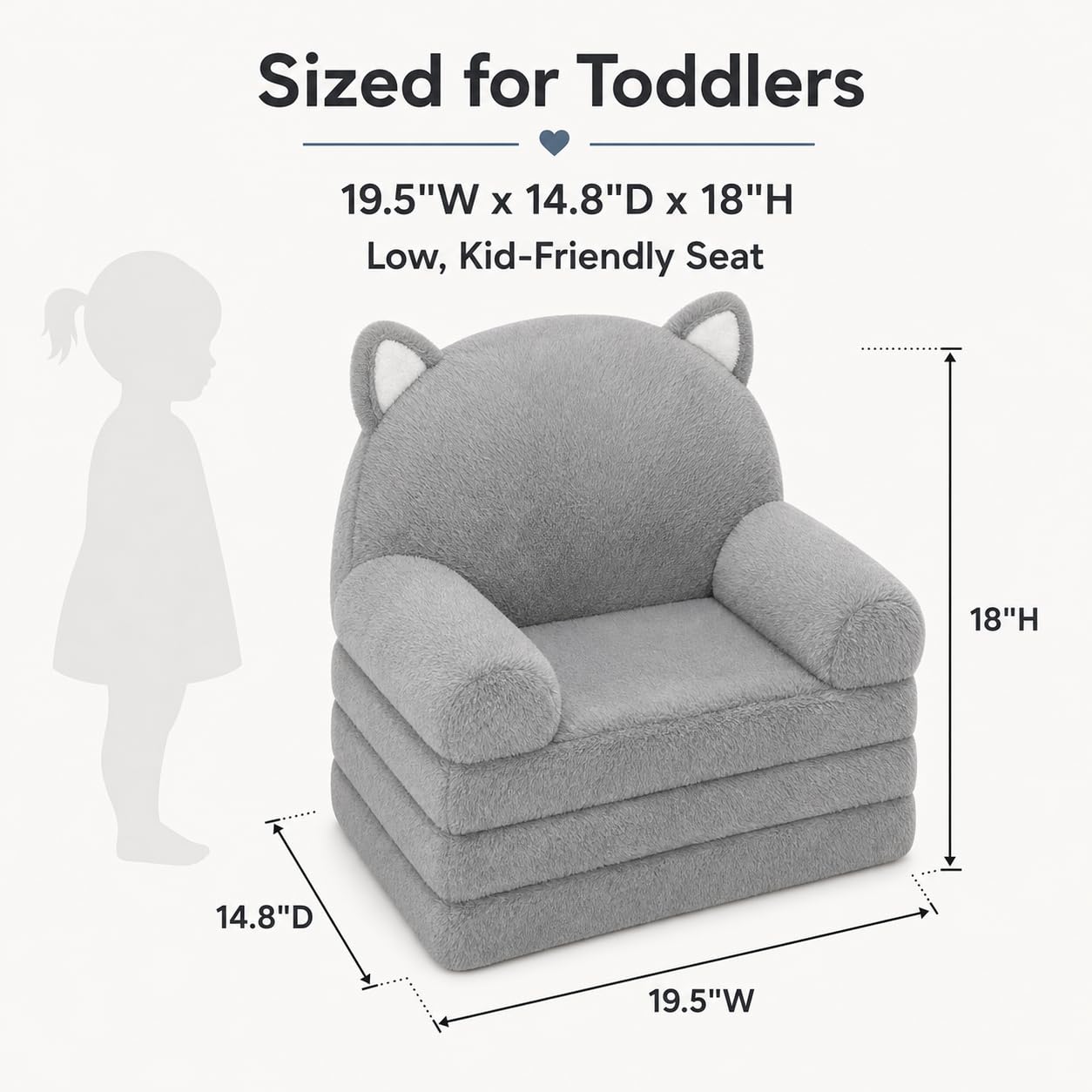MONKISS Kids Couch, Comfy Toddler Chair, 2 in 1 Fold Out Kids Sofa, Baby Sitting Chair with Washable Cover, Toddler Furniture for Reading, TV and Playroom, Birthday Gifts, 1-4 Years Old, Grey Cat