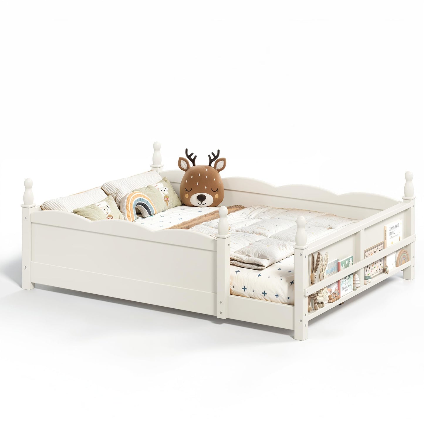 KEIKI Full Size Wood Montessori Floor Bed Frame with Beside Book Shelf, for Girls and Boys, Floor Bed with Full-Length Guardrails & Slats, Easy Assembly, No Box Spring Required, for Bedroom, Beige