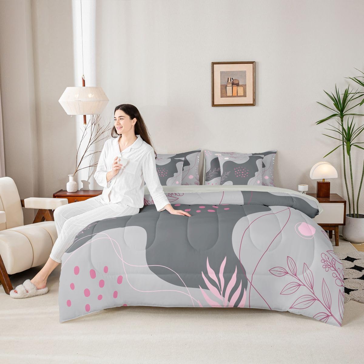Erosebridal Grey and Pink Twin Comforter Set with Sheets Boho Mid Century 7 Piece Bedding Set Modern Abstract Bed in a Bag, Geometric Lines Room Decor