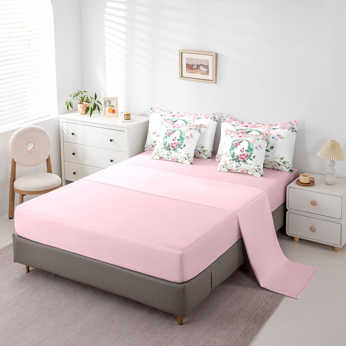 Erosebridal Initial Alphabet Bed in A Bag for Kids Boys Girls,Green Watercolor Letter Bedding Set Personalized Letter Twin Comforter Set 7 Piece Pink Flowers Garden Plants Sheet Set with Comforter