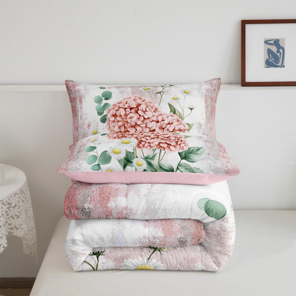 Erosebridal Watercolor Flowers Queen Comforter Set Abstract Oil Painting Hydrangea Bedding Set Rustic Farmhouse Bed Set Ombre Orange White Quilt Set
