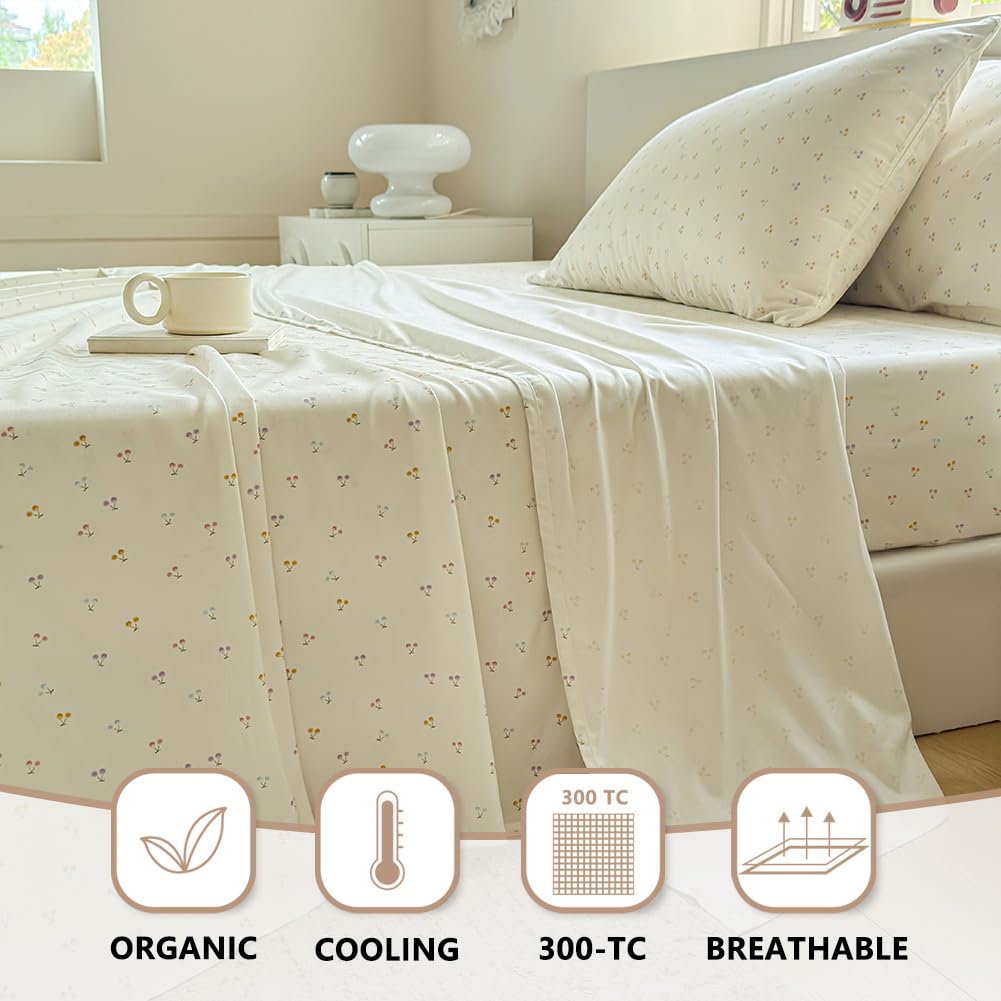 JaTaCa Colorful Cherry Full Sheet Set, Cooling Boho 100% Viscose Derived from Bamboo Sheets, Silky Bedding for Hot Sleepers, 4-Piece Full Flower Print Bedding Set with Deep Pocket up to 16"