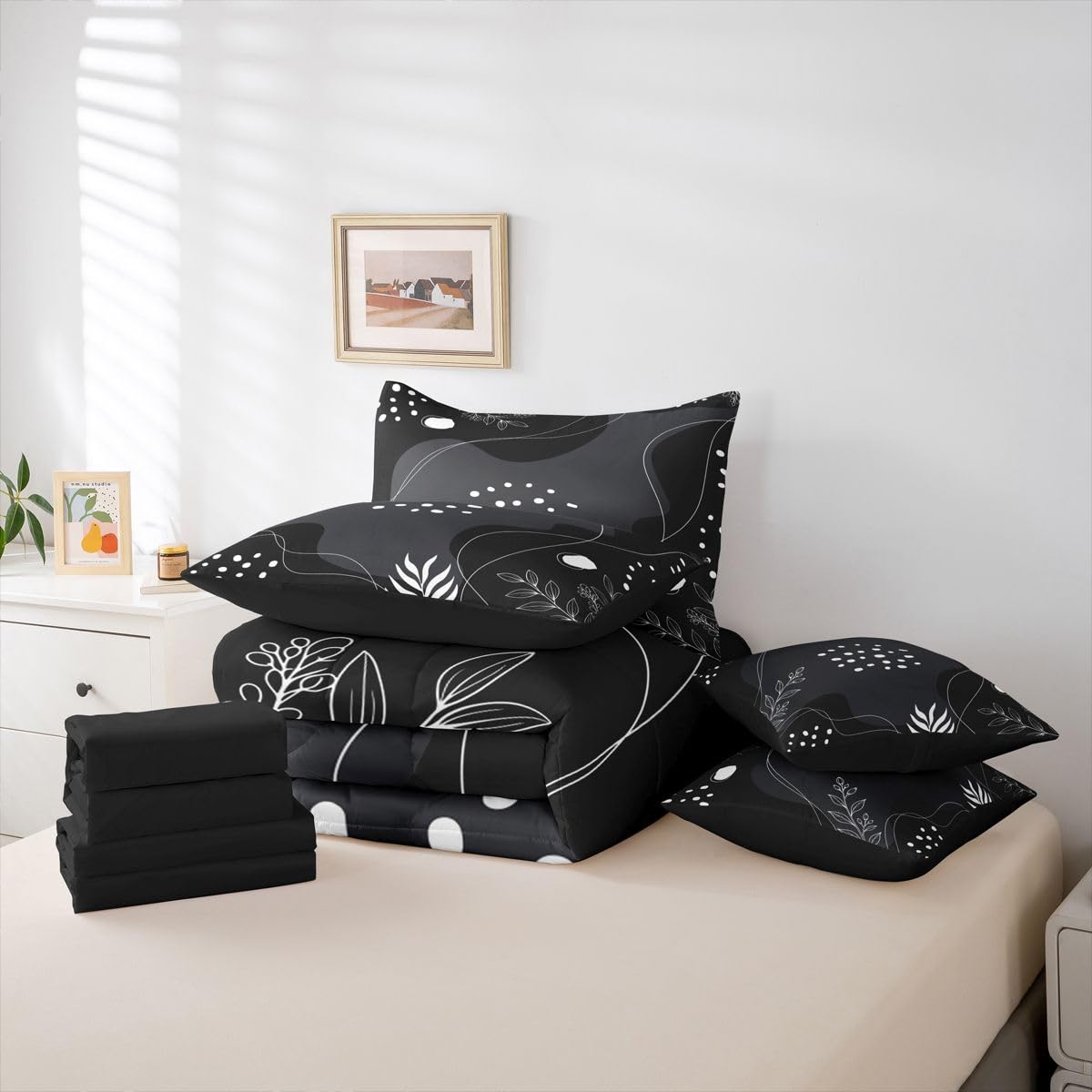Erosebridal Mid Century Modern 7 Piece Comforter Set Full Bed in a Bag Boho Black Grey Bedding Sets Simplistic Geometrical Comforter and Sheet Set, Geometric Lines Bed Sets