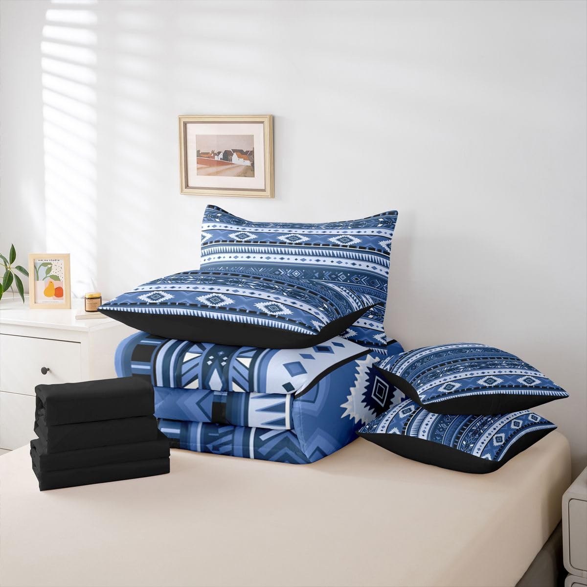 Erosebridal White Dark Blue Aztec Farmhouse Full Comforter Set 7 Pieces | Cowboy Cowgirl Bohemian Bed in A Bag for Bedroom Southwestern Adults Bedding Set with Comforters Geometric Tribal Room Decor