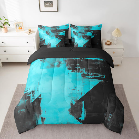 Feelyou Abstract King Comforter Set with Sheets for Kids Boys Girls Modern Abstract Art 7 Pieces Bedding Set Luxury Bed in a Bag Geometric Room Decor Lake Blue Soft Lightweight Microfiber