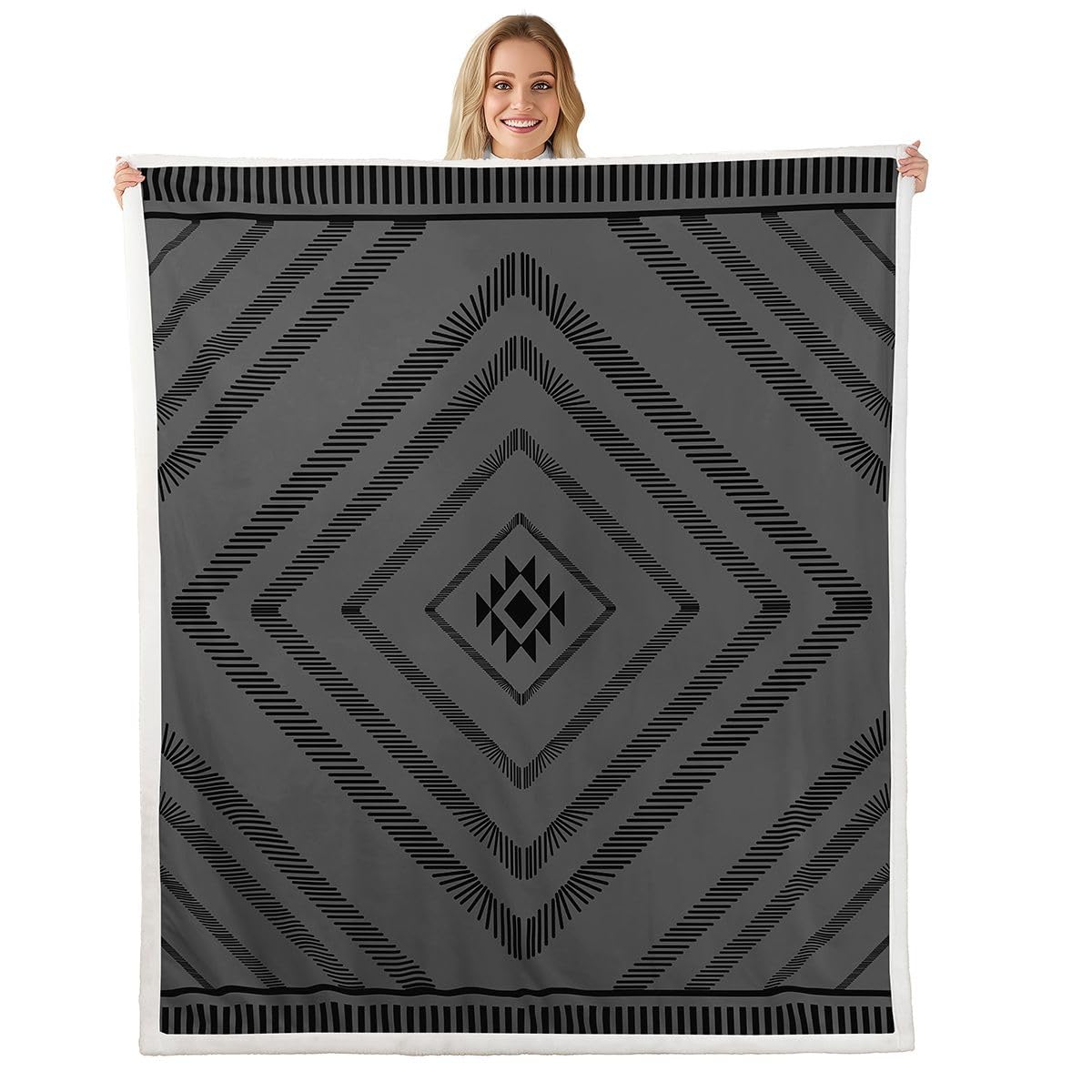 Feelyou Aztec Sherpa Blanket Plush Fuzzy Boho Fleece Throw Blanket Boys Girls Black Moroccan Style for Bed Couch Chair Living Room Classic Diamond Pattern Bedroom Decor 40"x50"