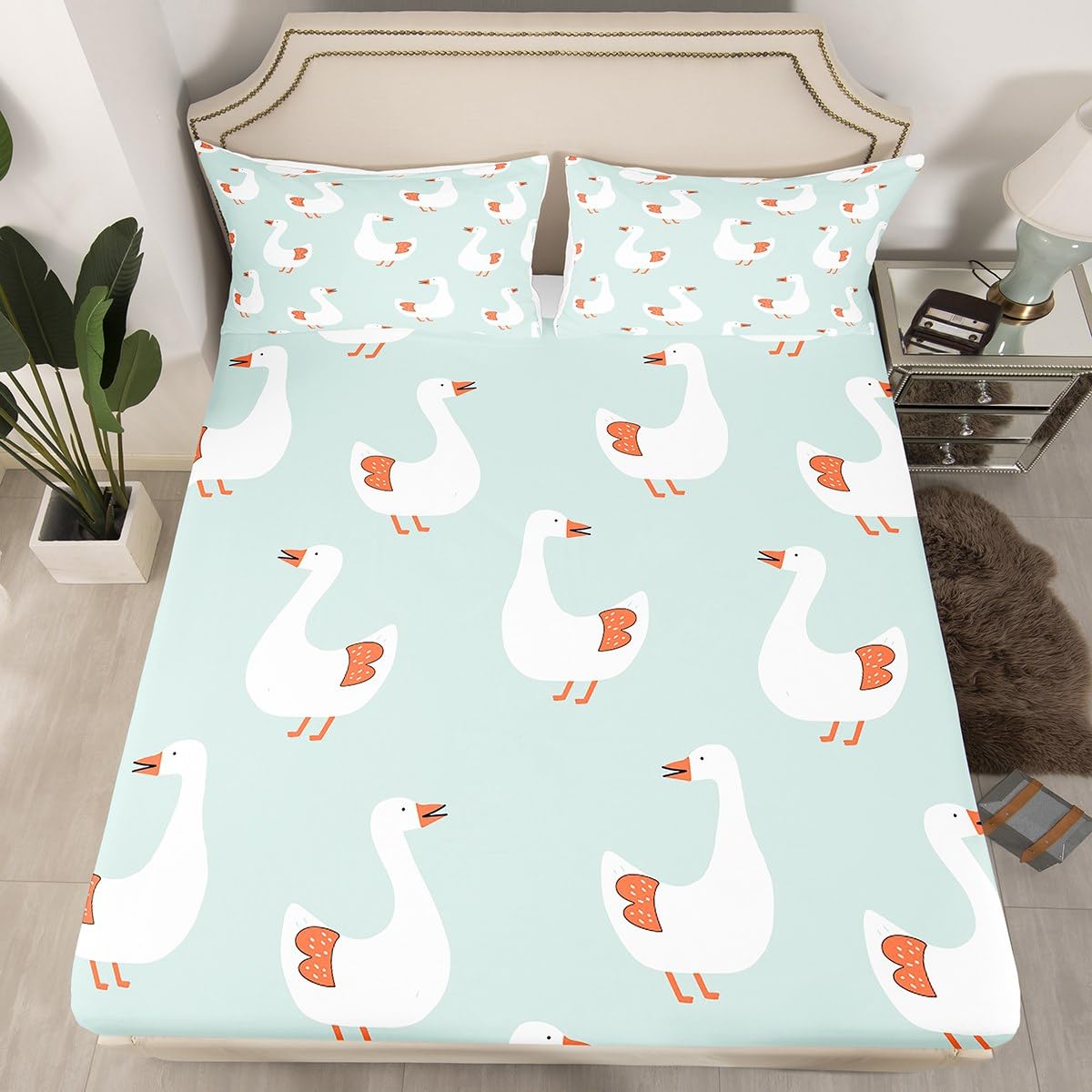 Erosebridal Cute Goose Sheet Set for Kids Child,Cartoon Hand Drawn Goose Pattern Bed Sheets Full,Farm Style Duck Animal Bedding Set,Country Wildlife Fitted Sheet + Top Sheet + 2 Pillowcases