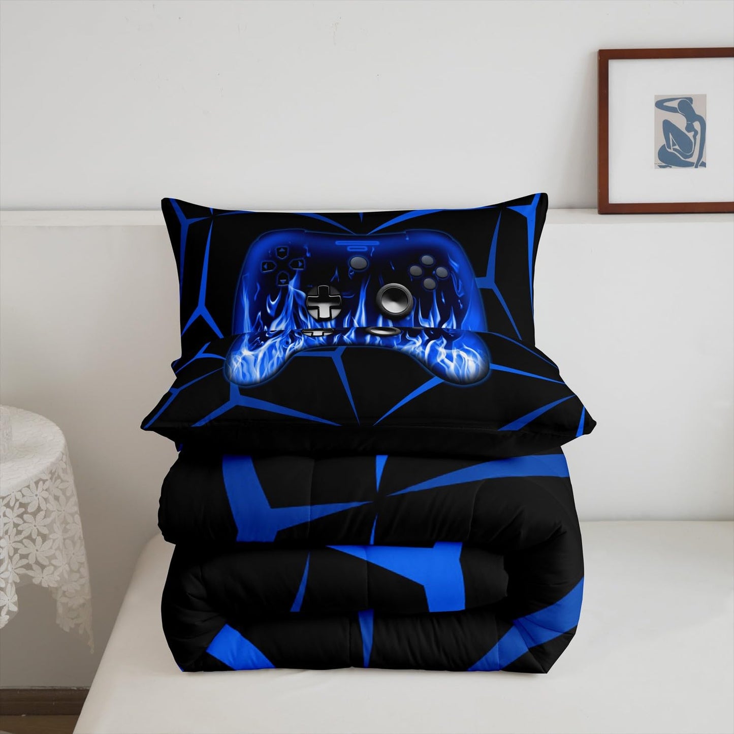 Feelyou Kids Gamer Comforter Set,Gaming Bedding Set Queen Size for Boys Girls,3D Geometric Video Game Console Comforter,Blue and Black Game Contoller Bed Set for All Season