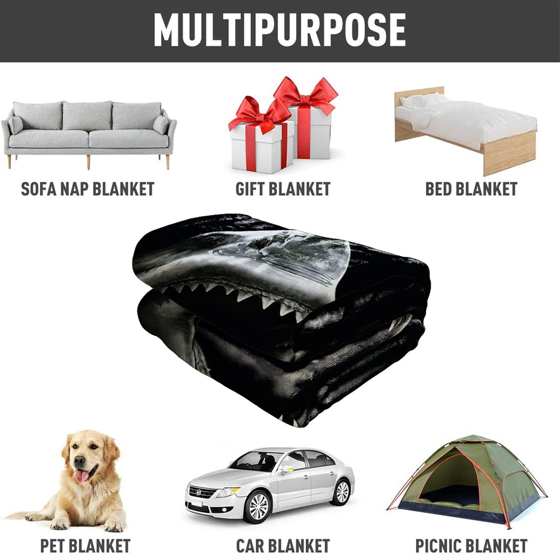 HommomH 60" x 80" Blanket Comfort Warmth Soft Cozy Air Conditioning Easy Care Machine Wash Shark Black